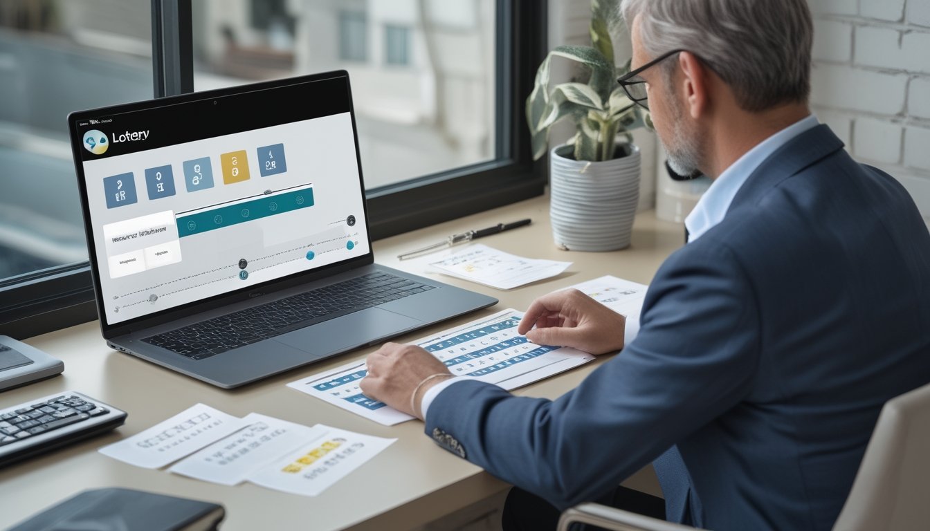 Seseorang melihat antarmuka togel digital di laptop di meja kerja.