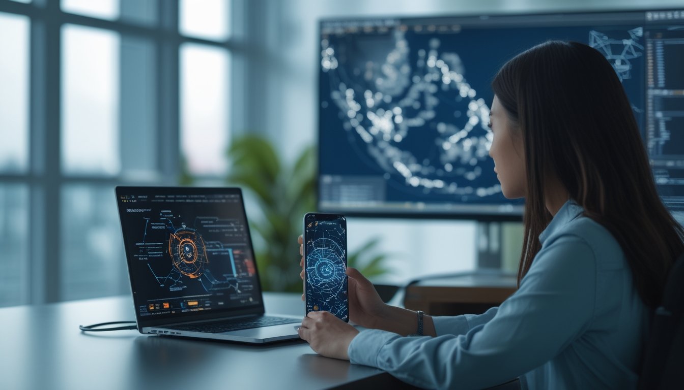 Seseorang memeriksa laptop dan ponsel dengan tampilan visualisasi data digital di ruang kerja modern.