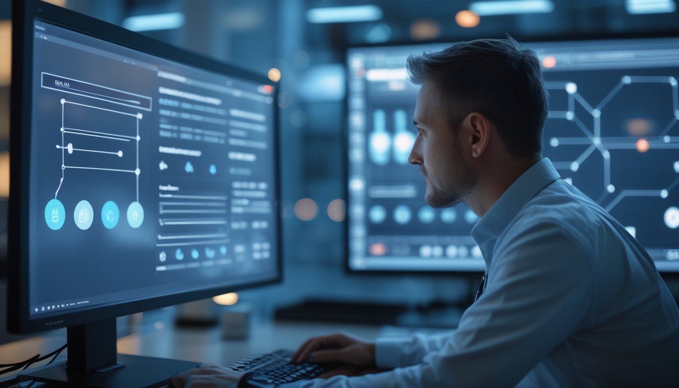 Seorang profesional mengamati alur data dan dasbor digital di layar komputer.