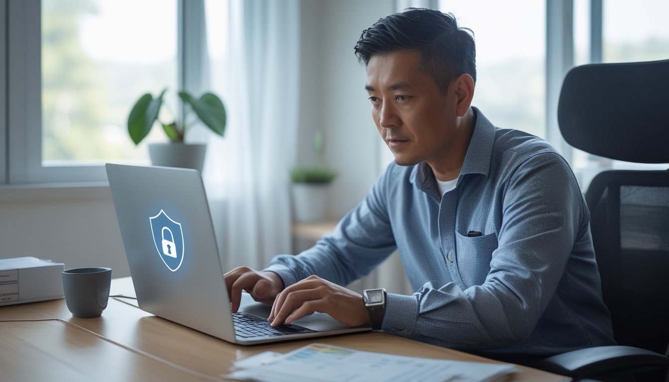 Seseorang memeriksa keamanan platform online melalui laptop di meja kerja.