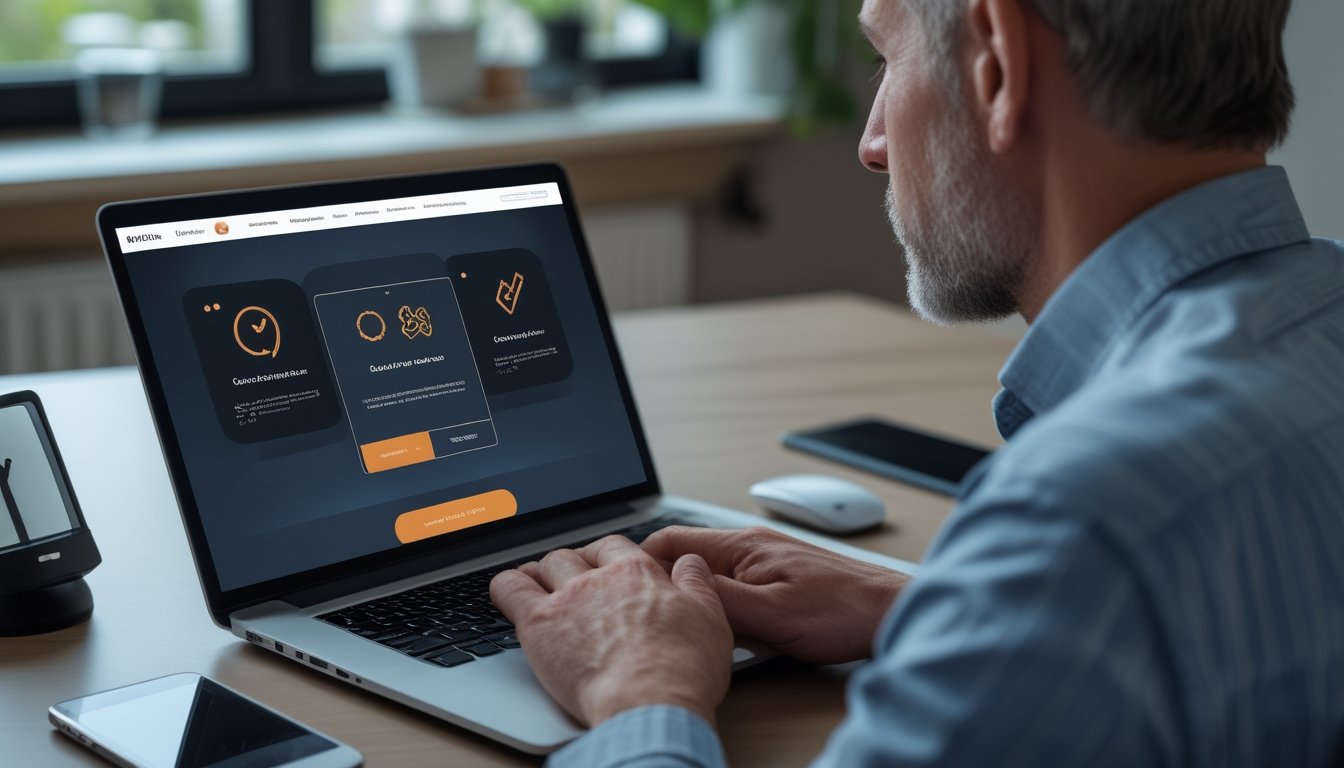 Seseorang memeriksa situs mencurigakan di laptop dengan ekspresi waspada.