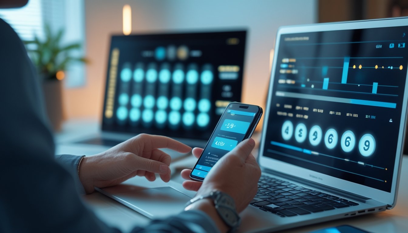 Seseorang menggunakan ponsel dan laptop yang menampilkan dasbor digital.