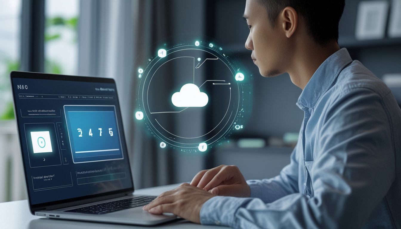 Seseorang melihat antarmuka undian digital abstrak di laptop dengan ponsel di dekatnya.