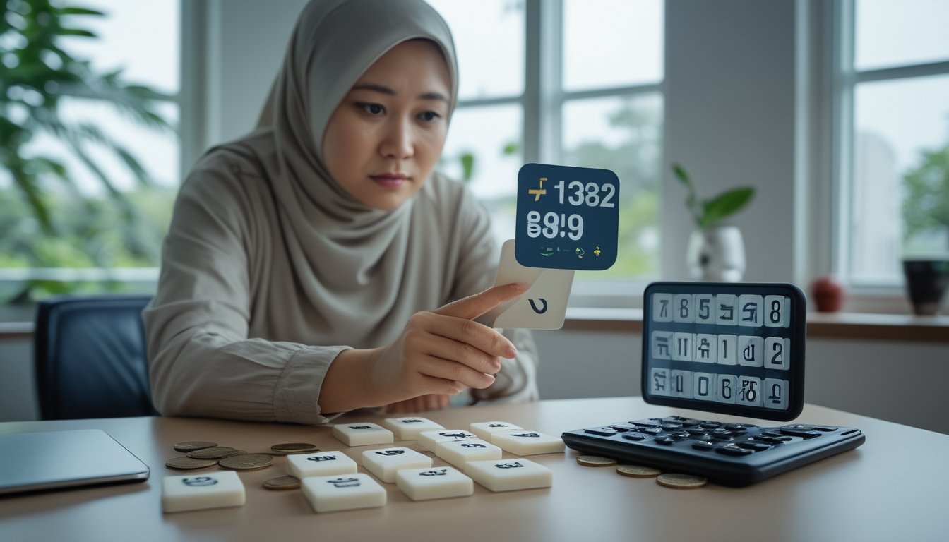 Seseorang memeriksa ubin angka dan ponsel di meja dengan ekspresi cemas.