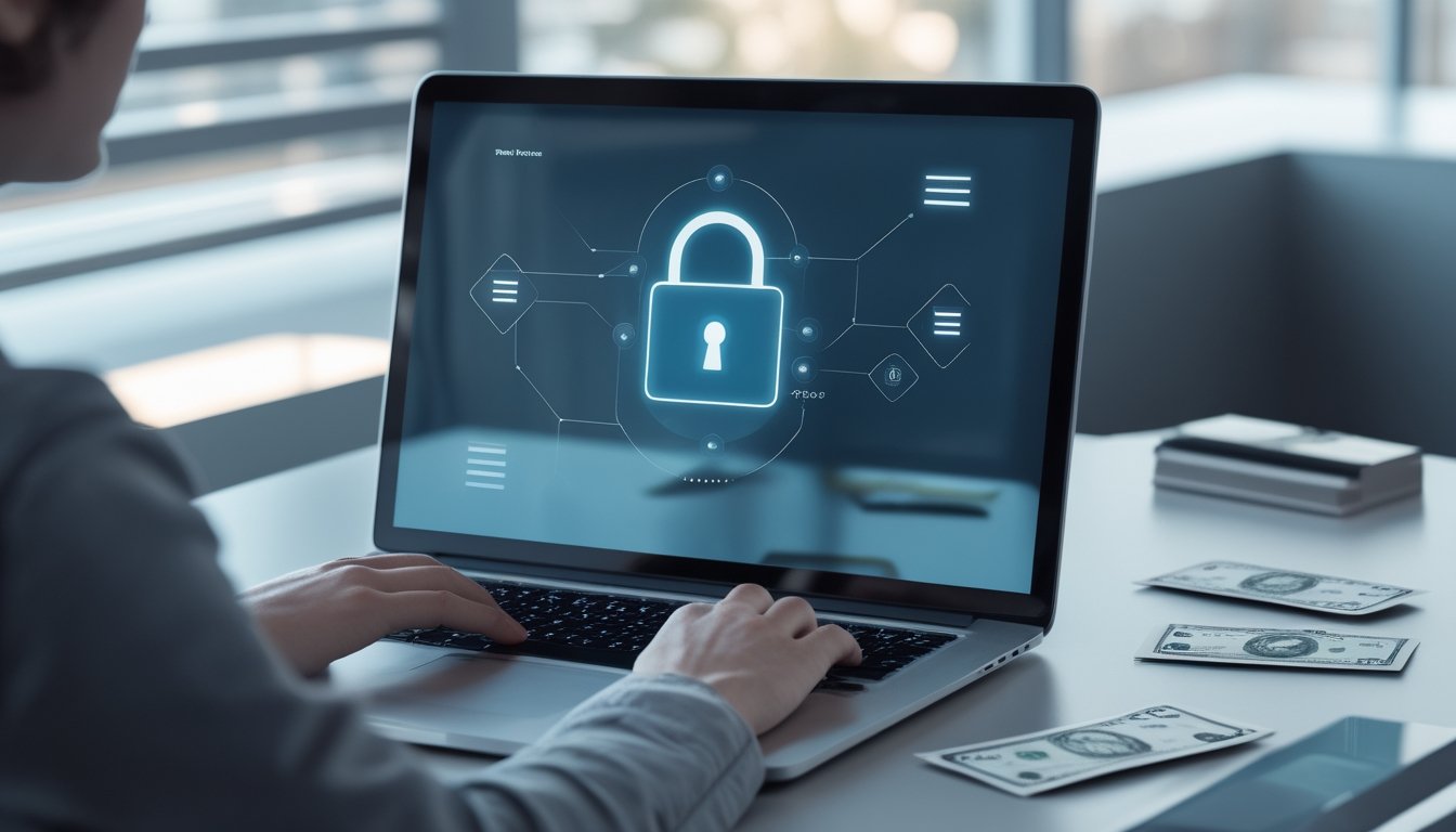 Seseorang menggunakan laptop dengan simbol kunci yang menggambarkan perlindungan data dan privasi.