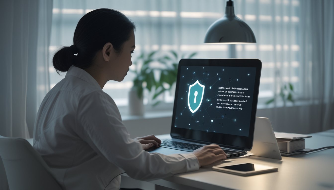 Seseorang menggunakan laptop di meja sambil memperhatikan keamanan privasi.