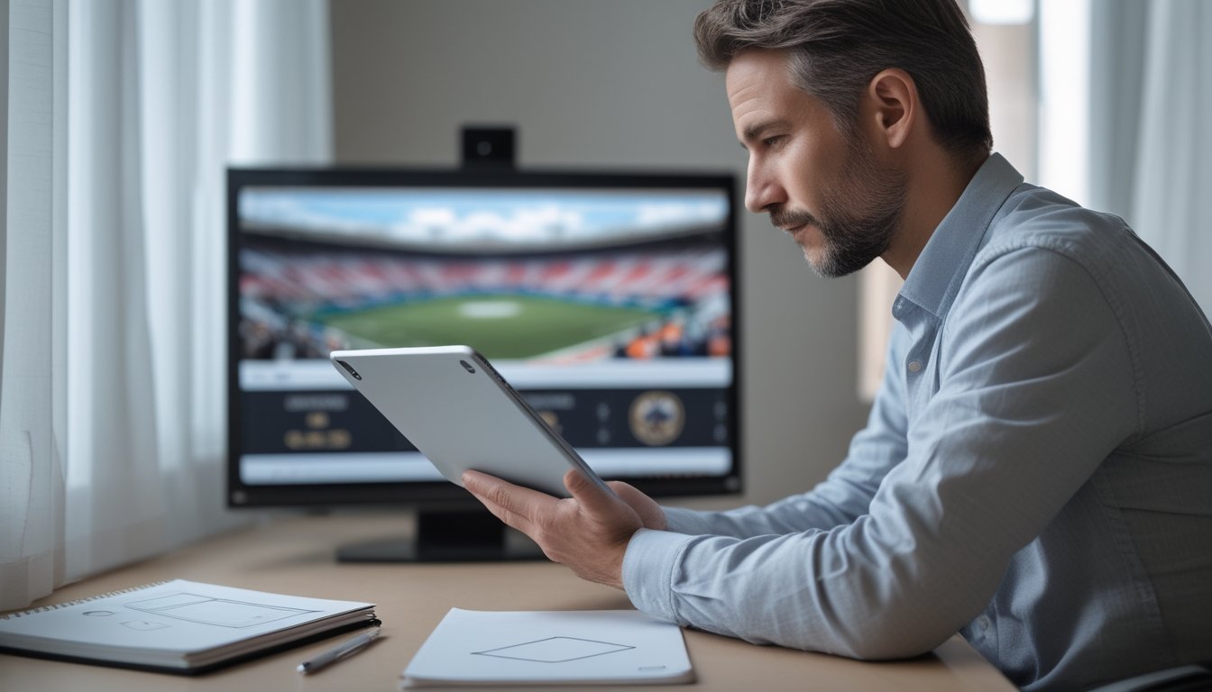 Seorang pemula mempelajari tablet dan mencatat di meja, sementara pertandingan sepak bola terlihat di televisi.