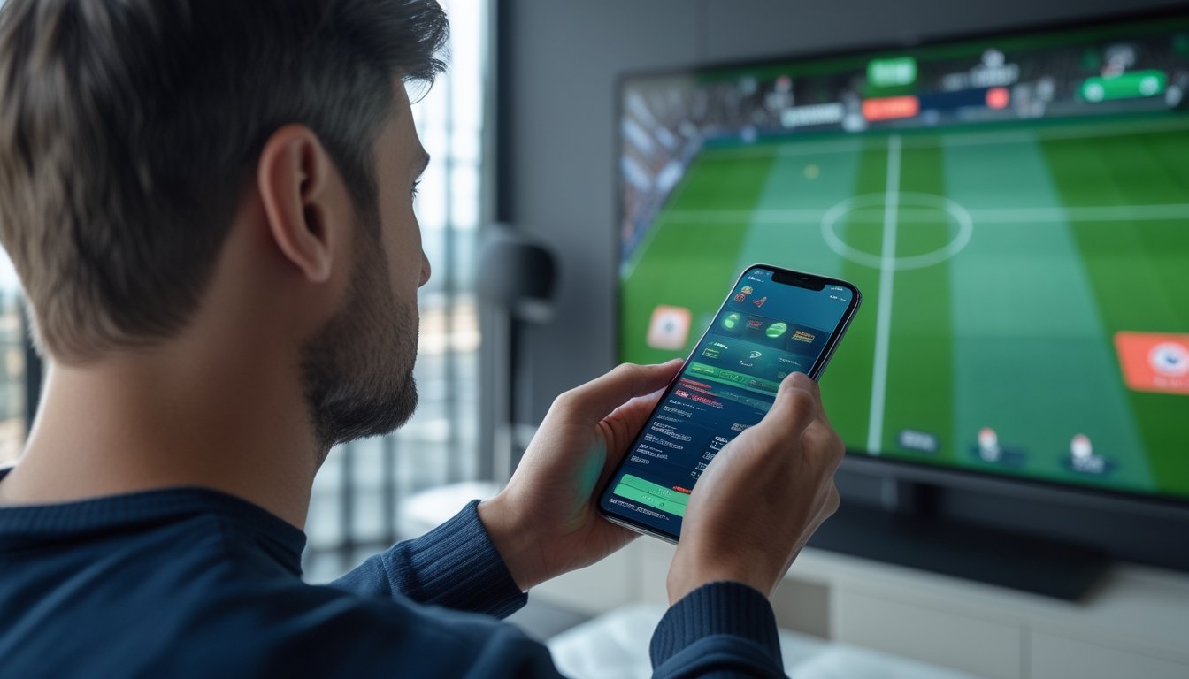 Seorang penggemar menonton pertandingan sepak bola sambil menggunakan ponsel.