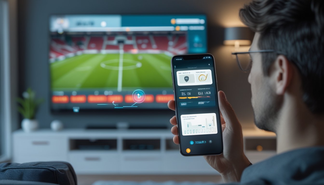 Seorang penggemar olahraga menggunakan ponsel sambil menonton pertandingan sepak bola di televisi.