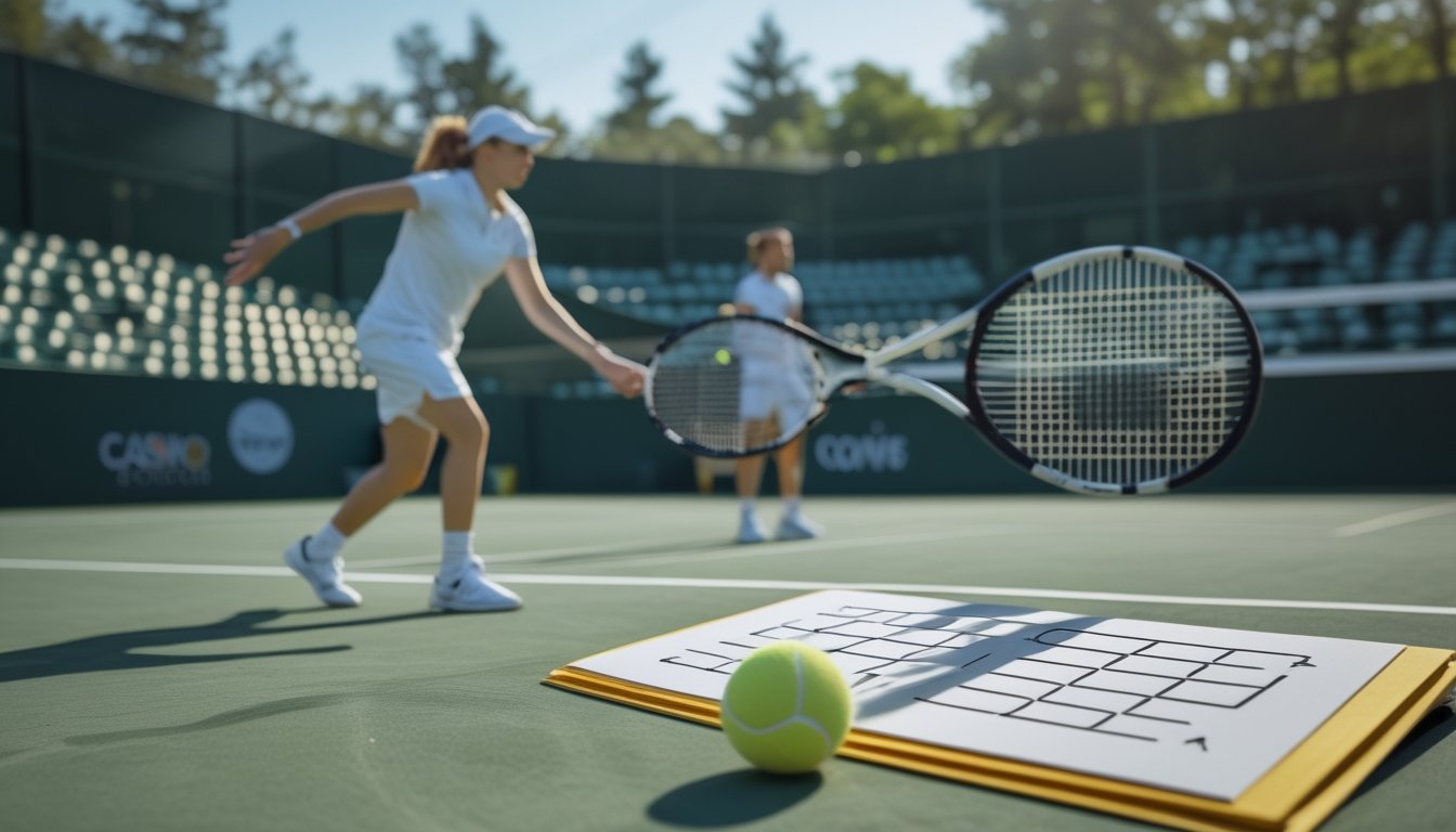 Dua pemain bersiap bertanding di lapangan tenis dengan bola dan lembar skor kosong di dekatnya.