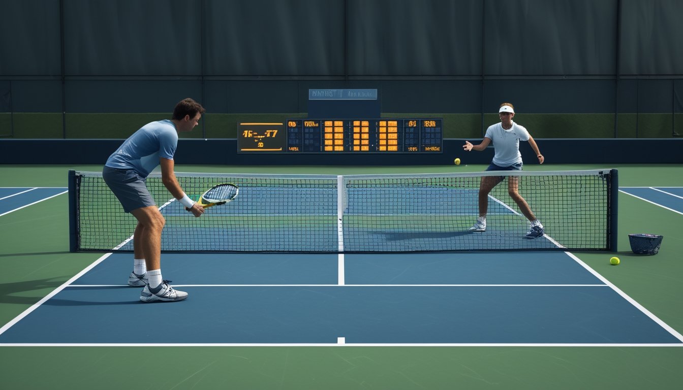 Dua pemain tenis bertanding di lapangan, dengan satu pemain bersiap melakukan servis.