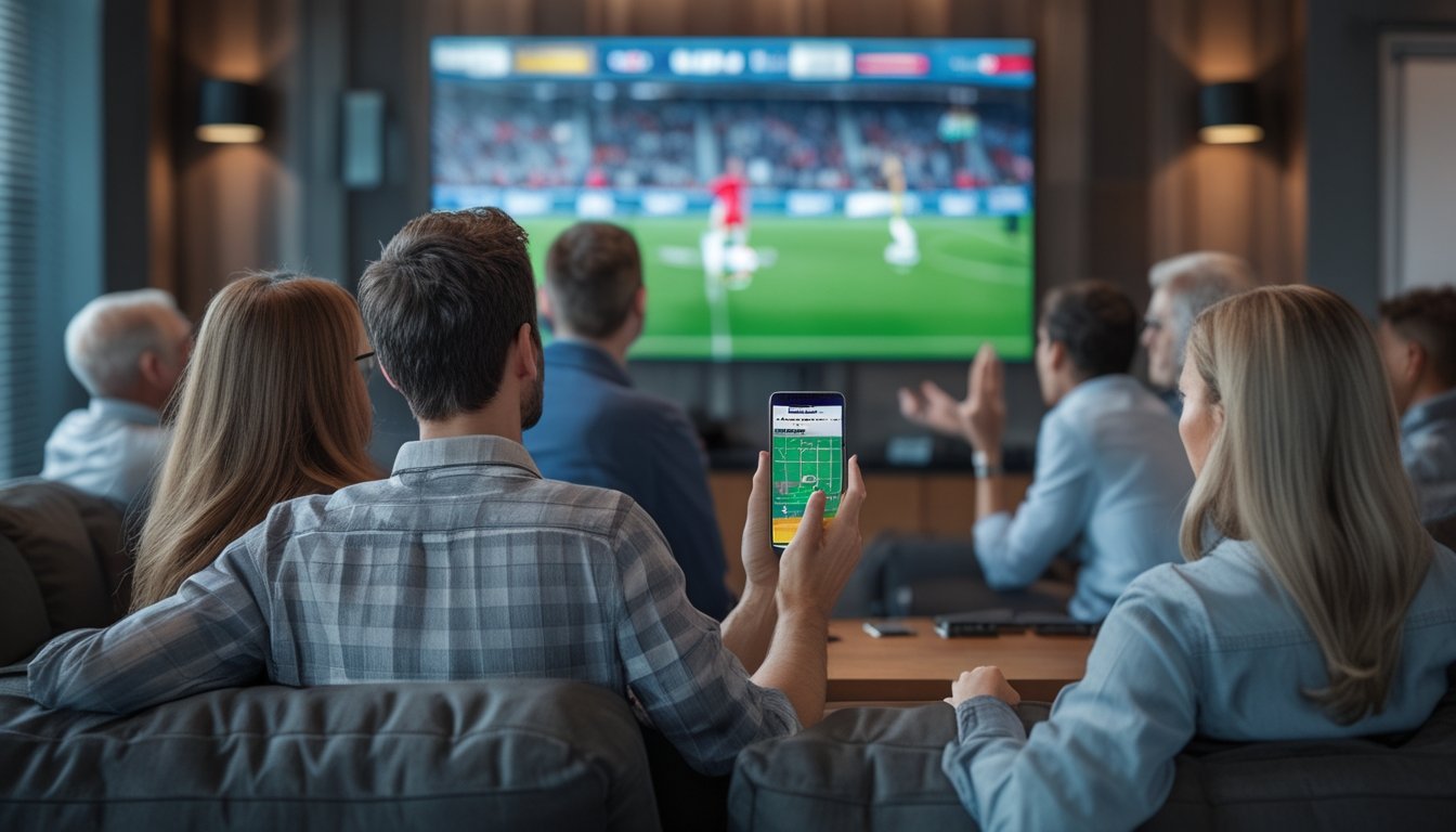 Sekelompok teman menyaksikan pertandingan sepak bola di layar, sementara seseorang melihat ponsel.