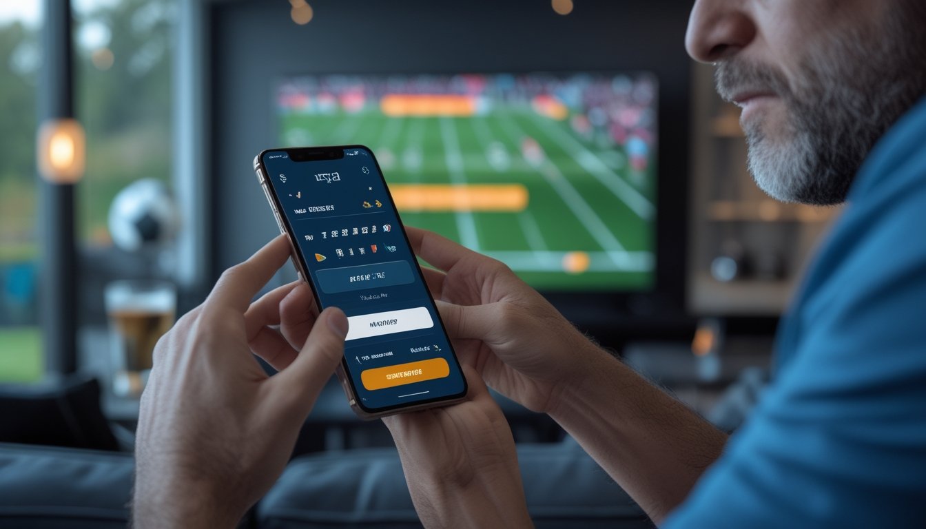 Seorang penggemar olahraga menonton pertandingan sepak bola sambil melihat ponsel.