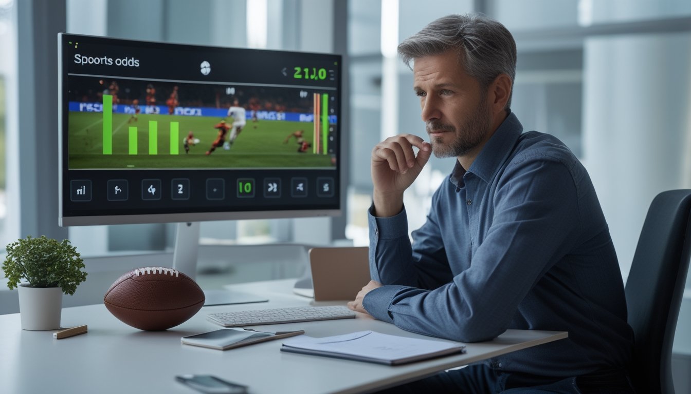 Seorang analis mengamati pertandingan sepak bola dan grafik probabilitas di layar.