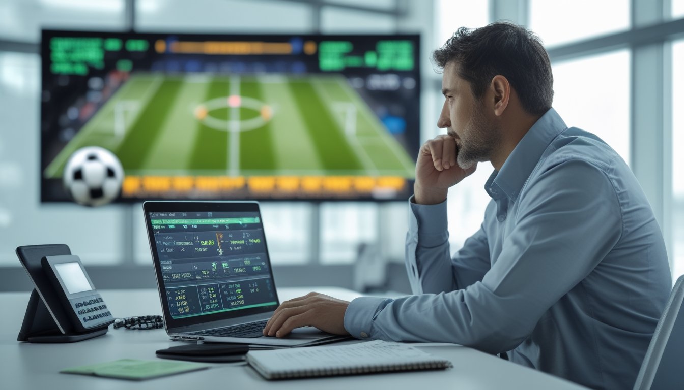 Seorang analis olahraga mempelajari pertandingan sepak bola dan grafik probabilitas di meja kerja.