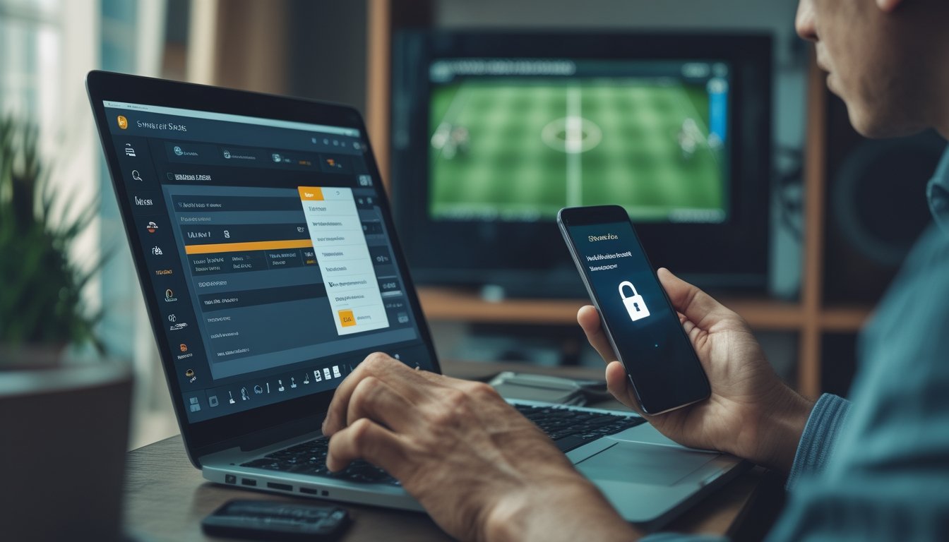 Seseorang memeriksa ponsel dan laptop dengan cermat saat pertandingan olahraga ditayangkan di latar belakang.