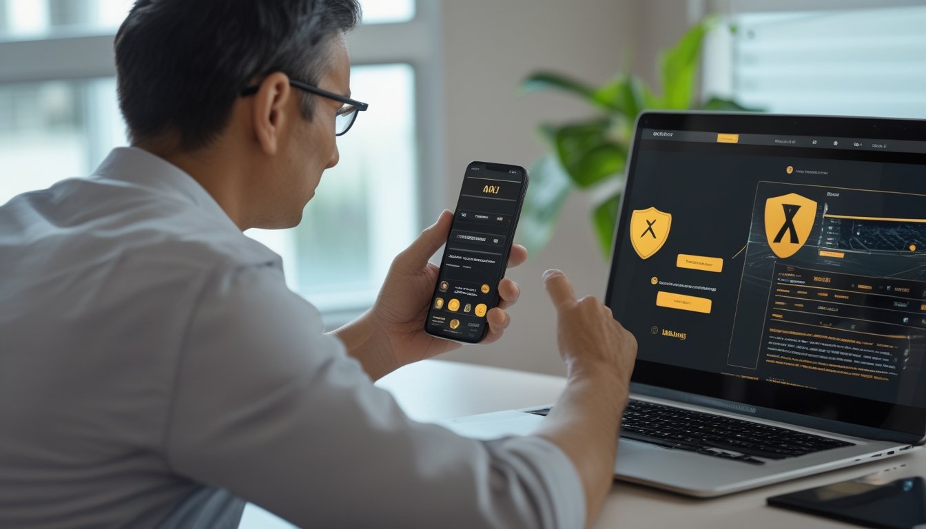 Seseorang memeriksa ponsel dan laptop dengan waspada di meja.