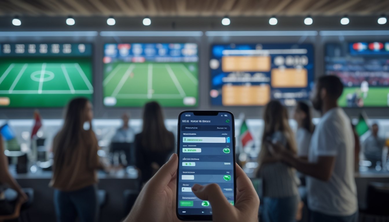 Para penggemar menyaksikan pertandingan sepak bola, tenis, dan basket sambil melihat jadwal olahraga di ponsel.