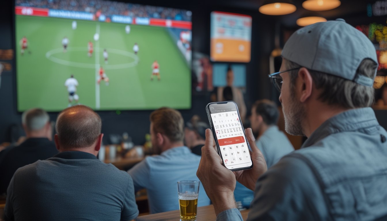 Para penggemar menyaksikan pertandingan sepak bola internasional sambil memeriksa ponsel.