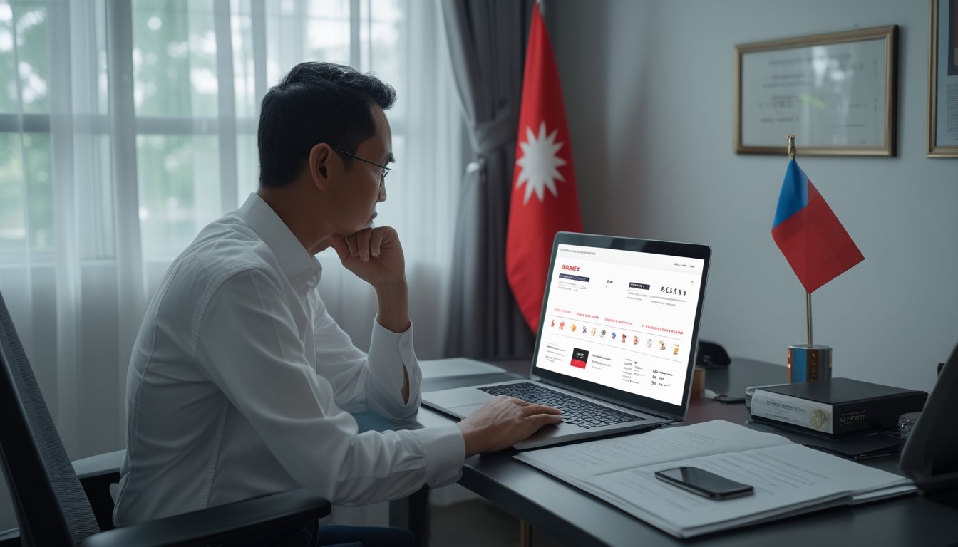 Seseorang meninjau laptop dan dokumen di meja dengan bendera Indonesia di latar.