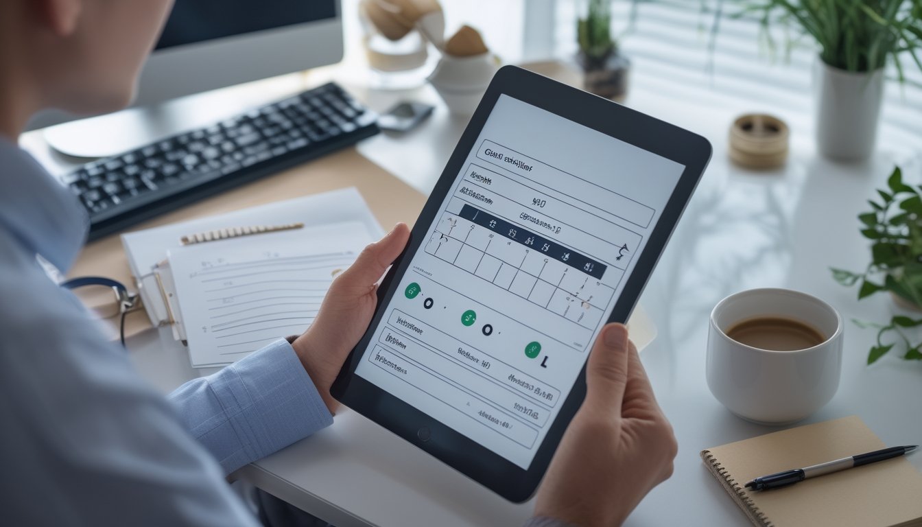 Seorang pemula mempelajari antarmuka taruhan di tablet sambil mencatat di meja.
