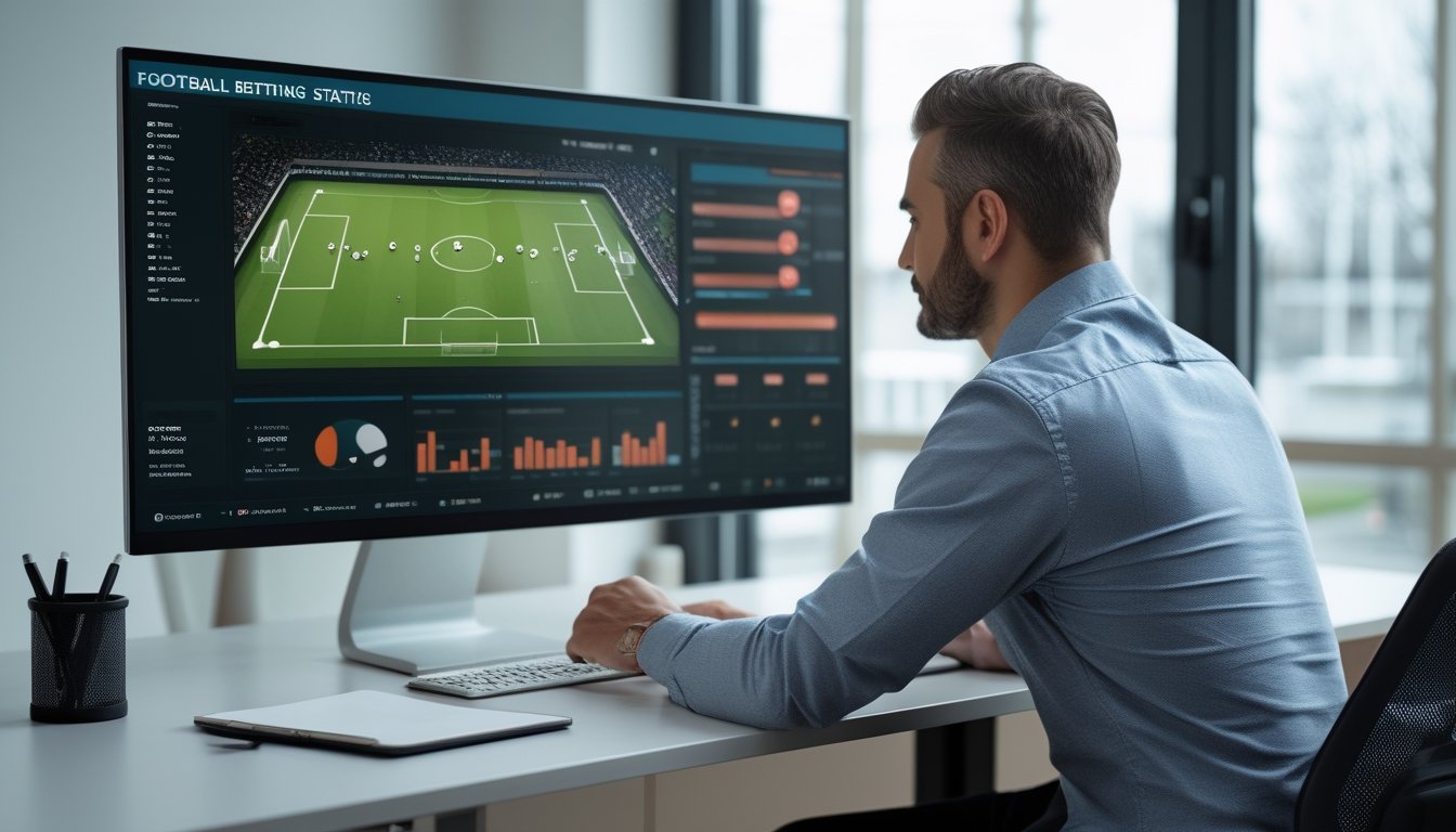 Seorang analis mengamati pertandingan sepak bola dan grafik statistik di layar.