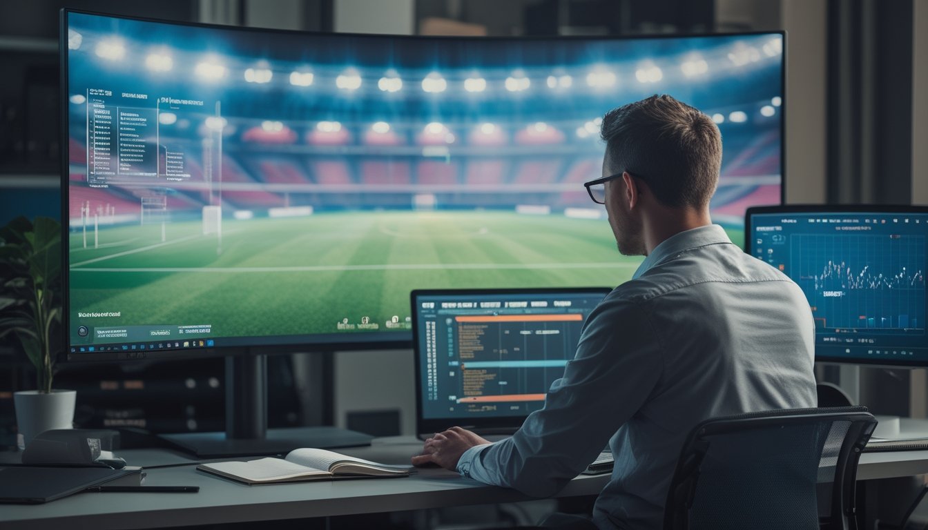 Seorang analis mempelajari grafik pertandingan sepak bola di depan komputer.