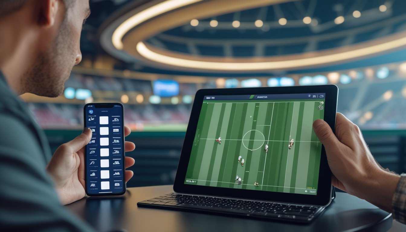 Seseorang membandingkan jadwal pertandingan dan siaran sepak bola langsung melalui dua perangkat.