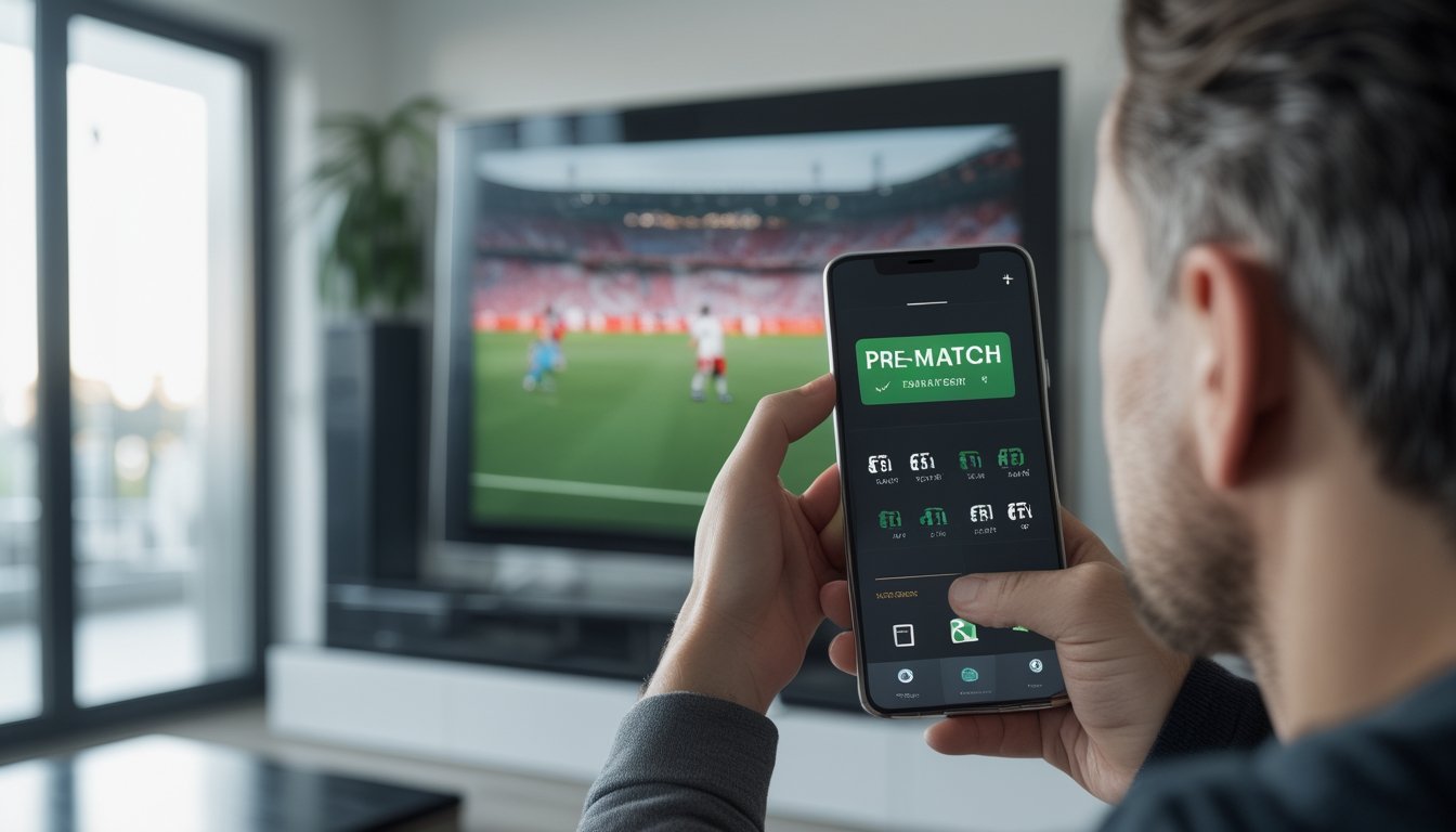 Seseorang melihat pertandingan sepak bola di televisi sambil memeriksa ponsel.