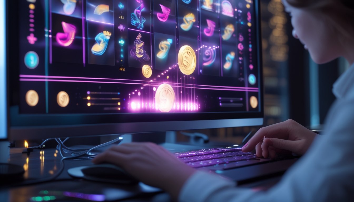 Seseorang menggunakan komputer dengan tampilan permainan slot dan indikator jackpot bercahaya.