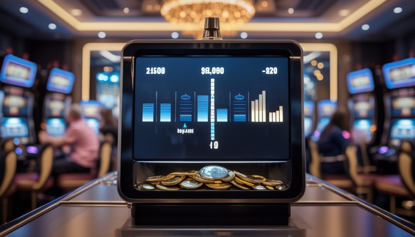 Mesin slot dengan aliran koin yang menggambarkan dana jackpot terkumpul dari banyak permainan.