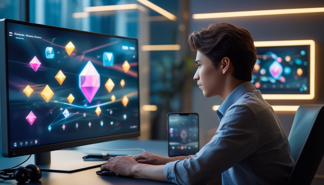 Seseorang memainkan permainan digital di depan monitor.