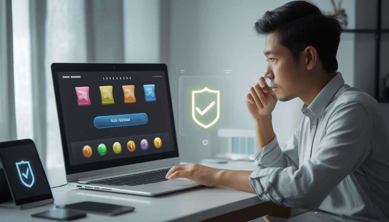 Seseorang memeriksa laptop dan ponsel dengan waspada sebelum mengakses situs permainan daring.