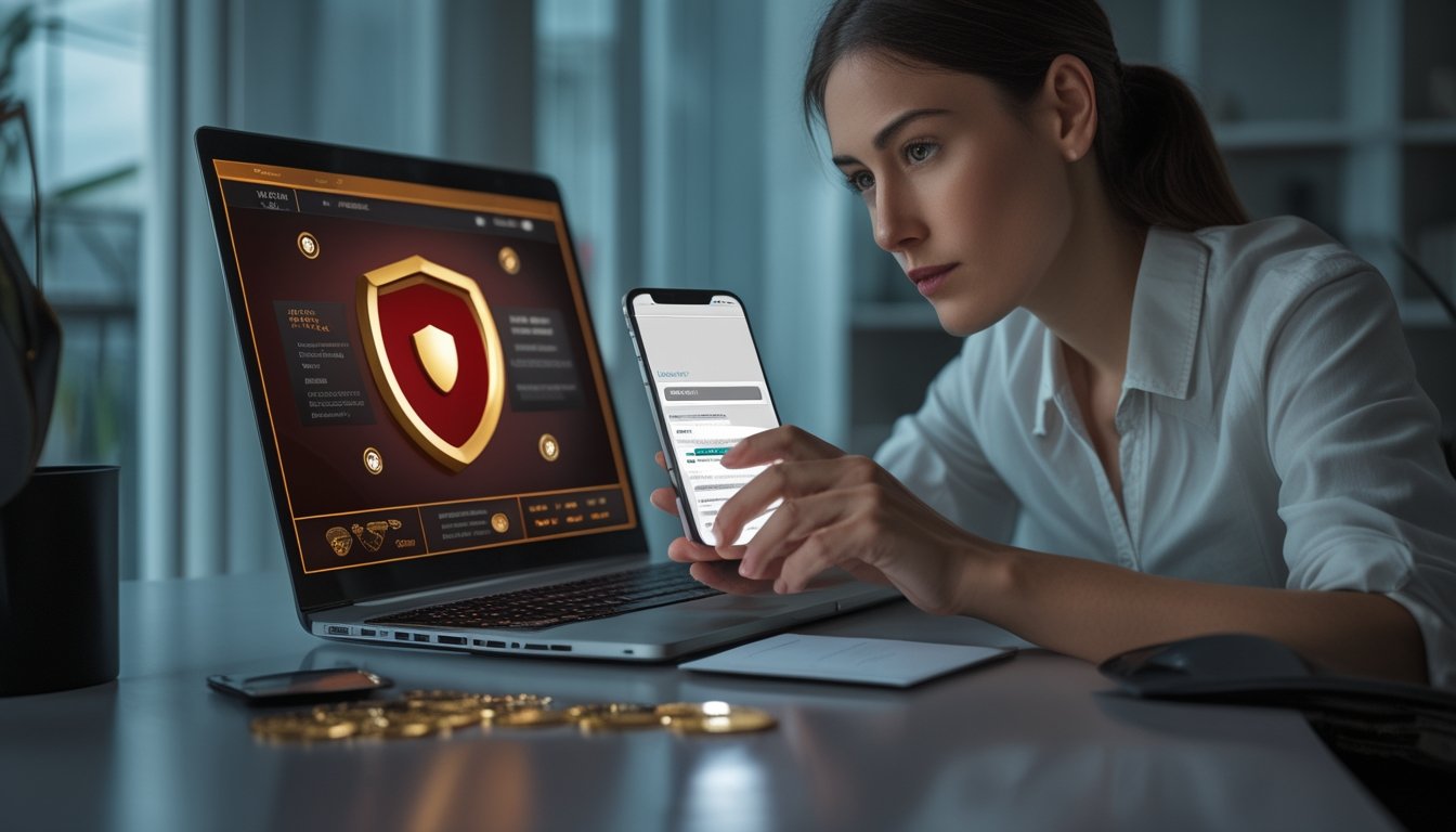 Seseorang memeriksa situs perjudian daring yang mencurigakan menggunakan laptop dan ponsel.