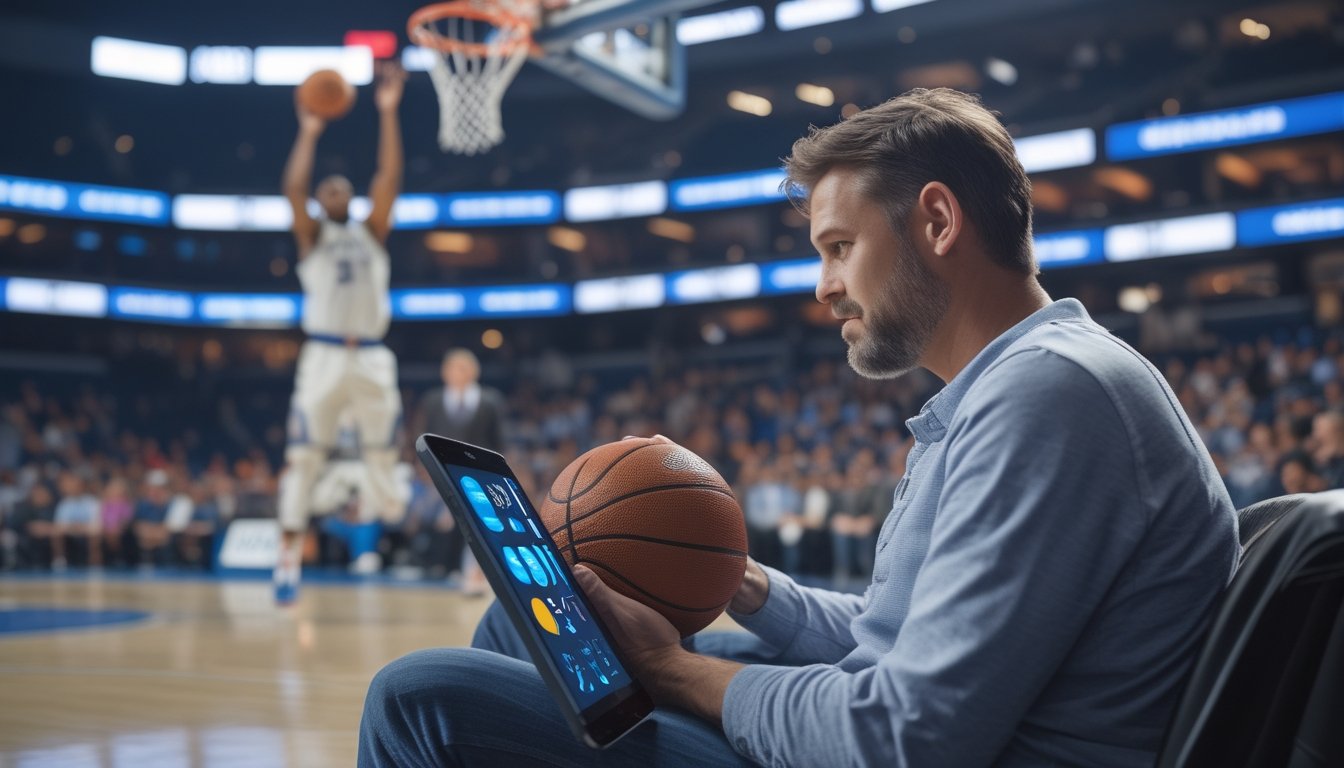 Seorang penggemar basket meninjau pertandingan di tablet dengan lapangan basket di latar belakang.