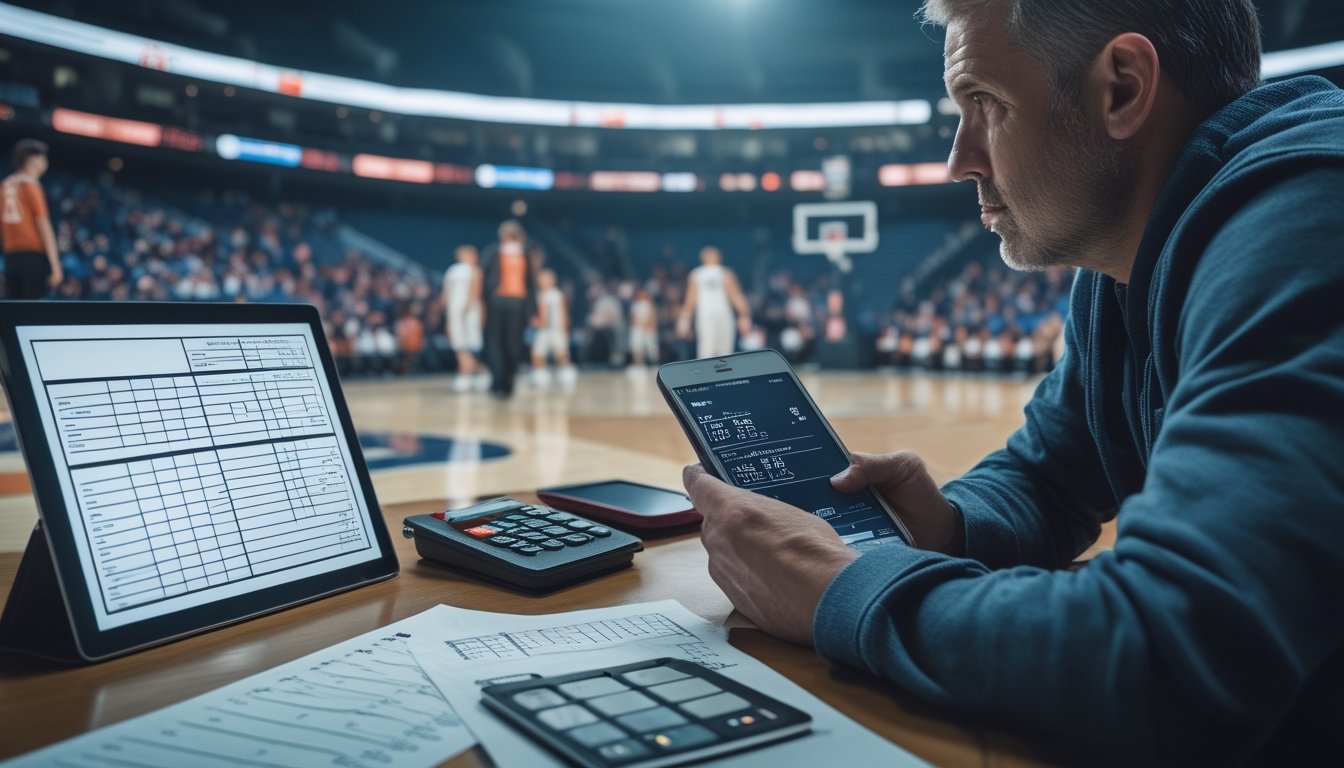Seorang penonton menganalisis pertandingan basket dengan lembar statistik dan ponsel di arena.
