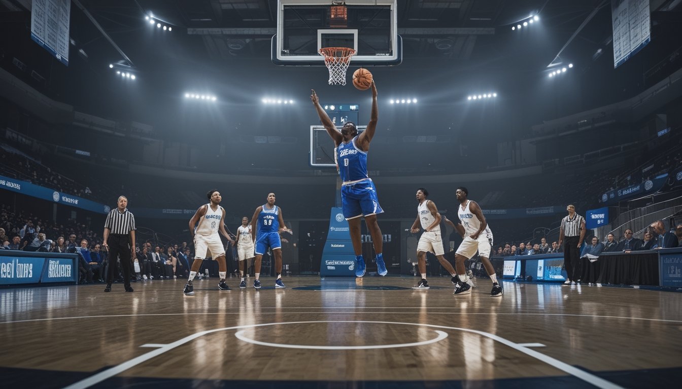 Seorang pemain basket melompat untuk menembak bola saat lawan berusaha menghalangi.