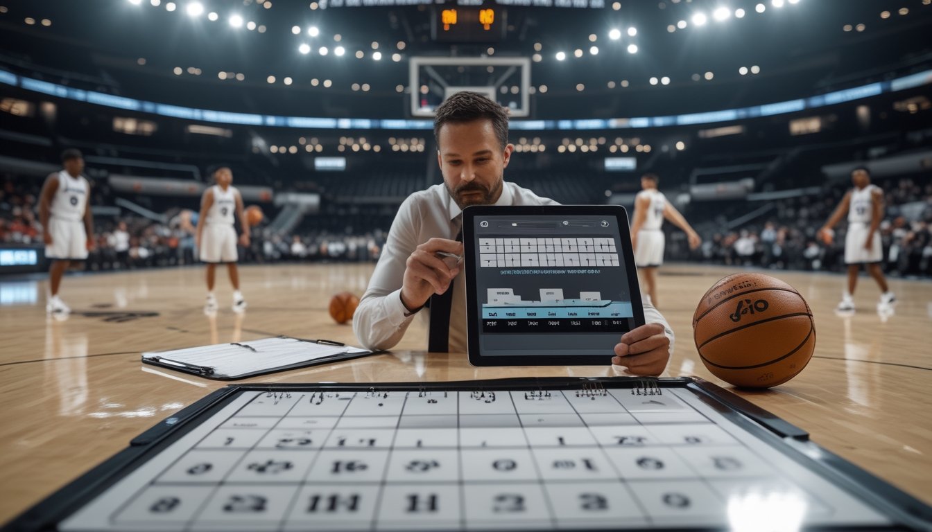Seorang analis mengamati latihan pemain basket di lapangan.