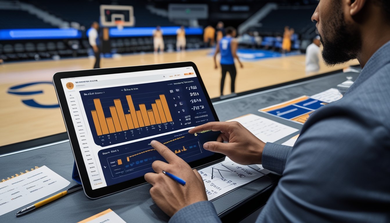 Seorang analis meninjau grafik statistik basket sementara para pemain berlatih di lapangan.