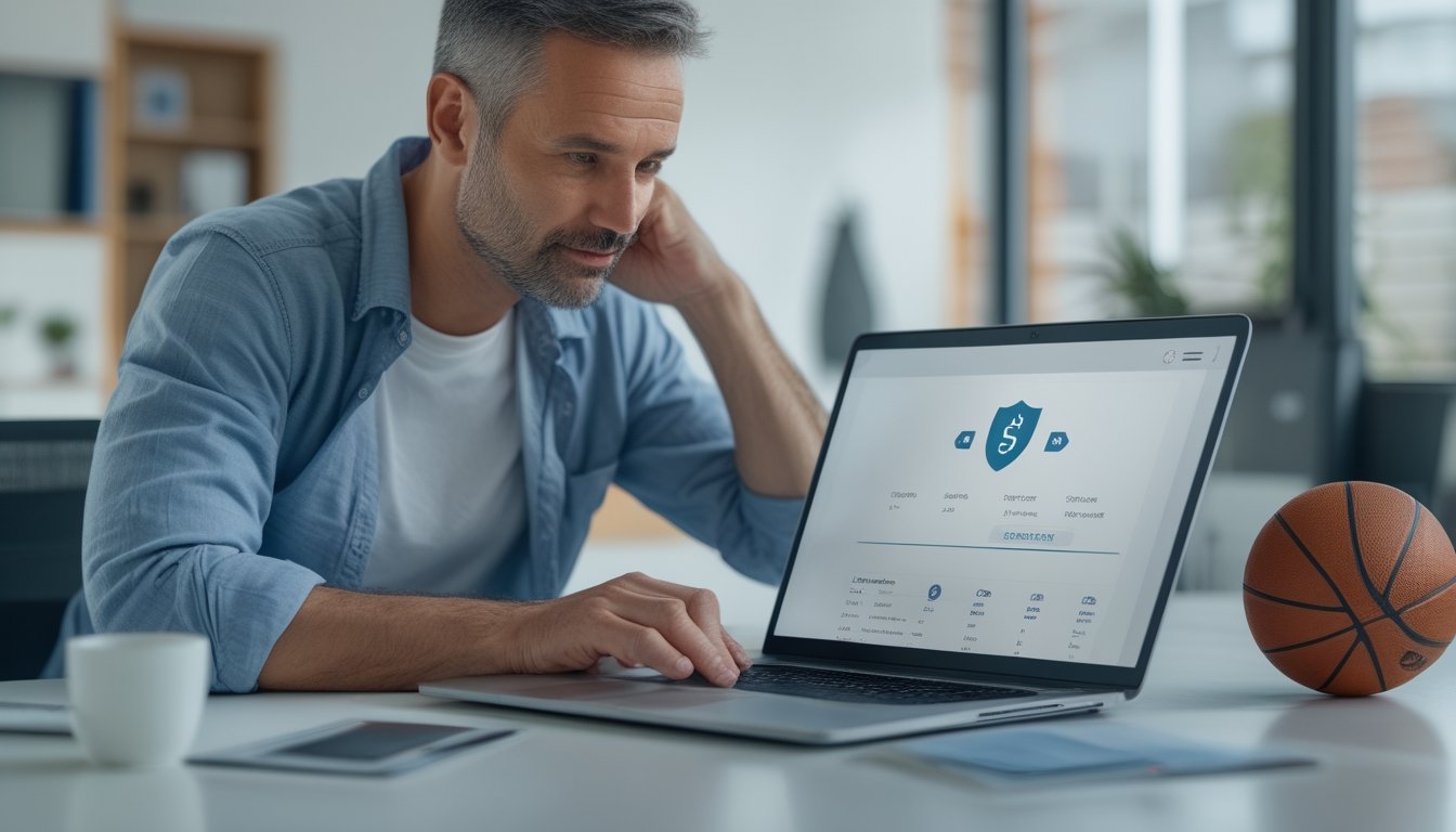 Seseorang memeriksa platform taruhan basket di laptop dengan bola basket di dekatnya.