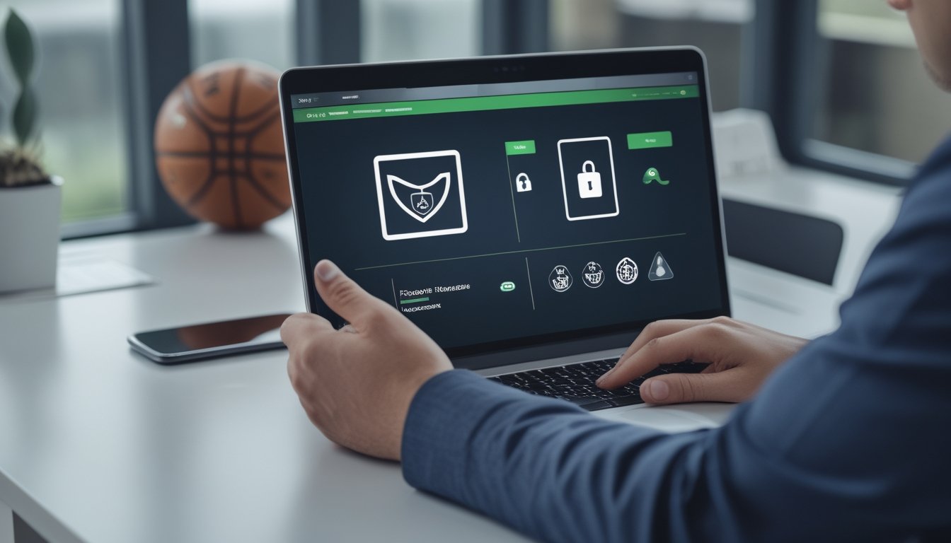 Seseorang memeriksa indikator keamanan pada situs bertema basket melalui laptop.