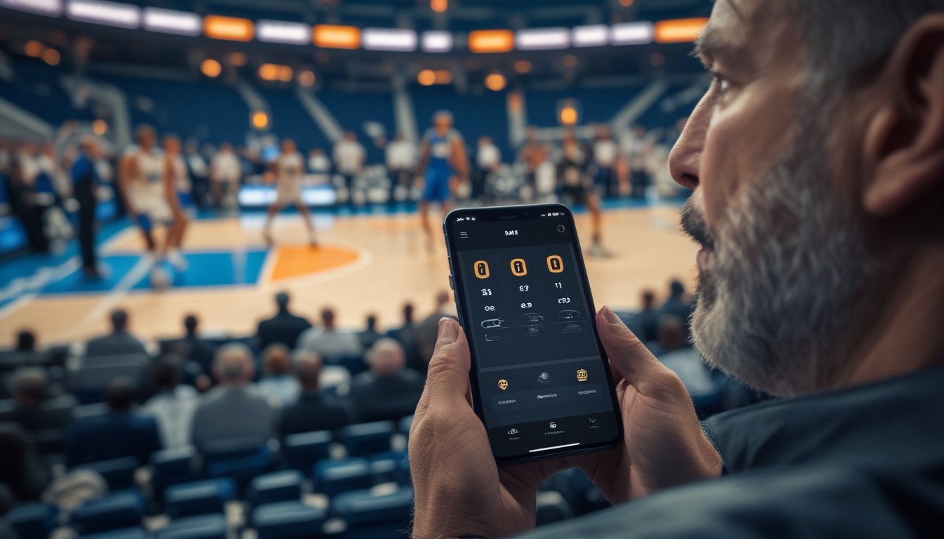 Seorang penonton mengikuti pertandingan basket sambil melihat ponsel di tepi lapangan.