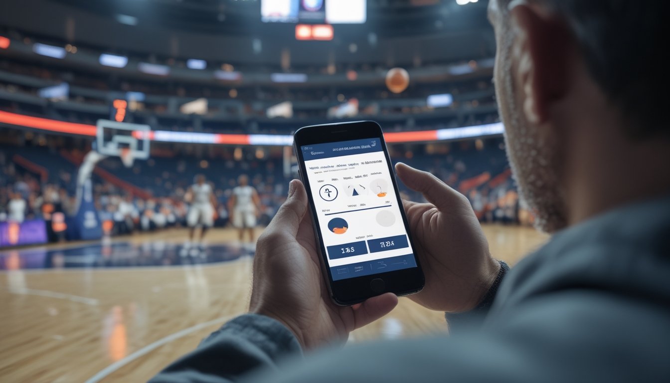 Penonton memantau pertandingan basket sambil melihat ponsel di arena.