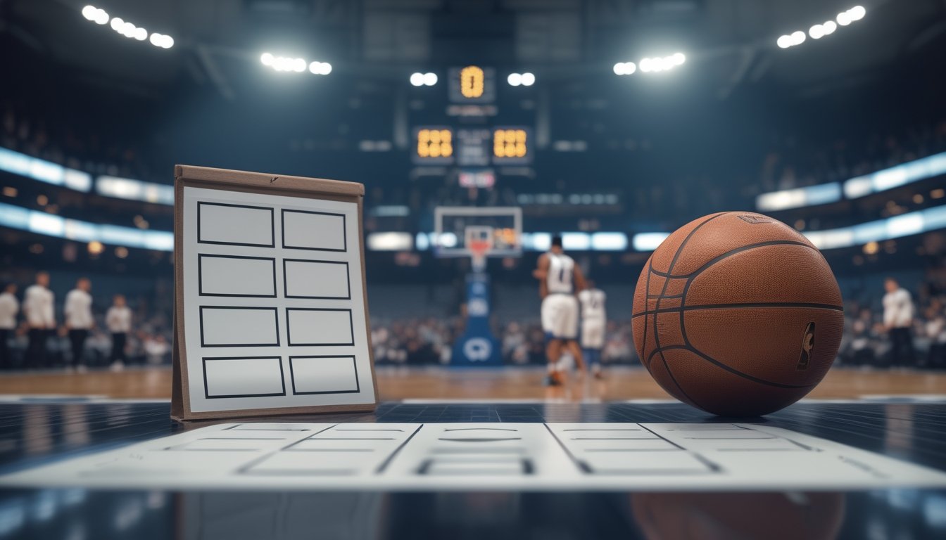 Bola basket dan lembar taruhan kosong di tepi lapangan, dengan dua pemain sedang bertanding di latar belakang.