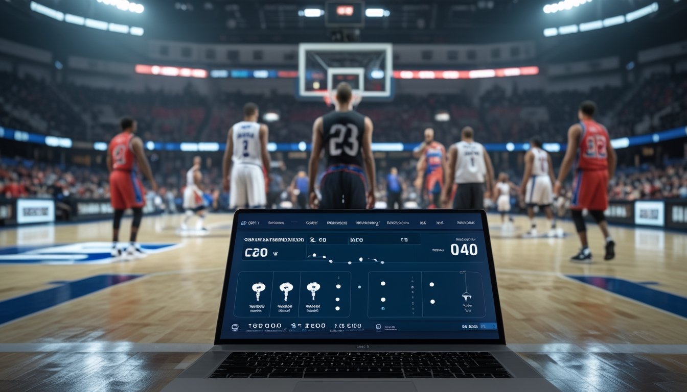 Penonton mempelajari statistik pertandingan basket NBA di laptop saat pertandingan berlangsung.