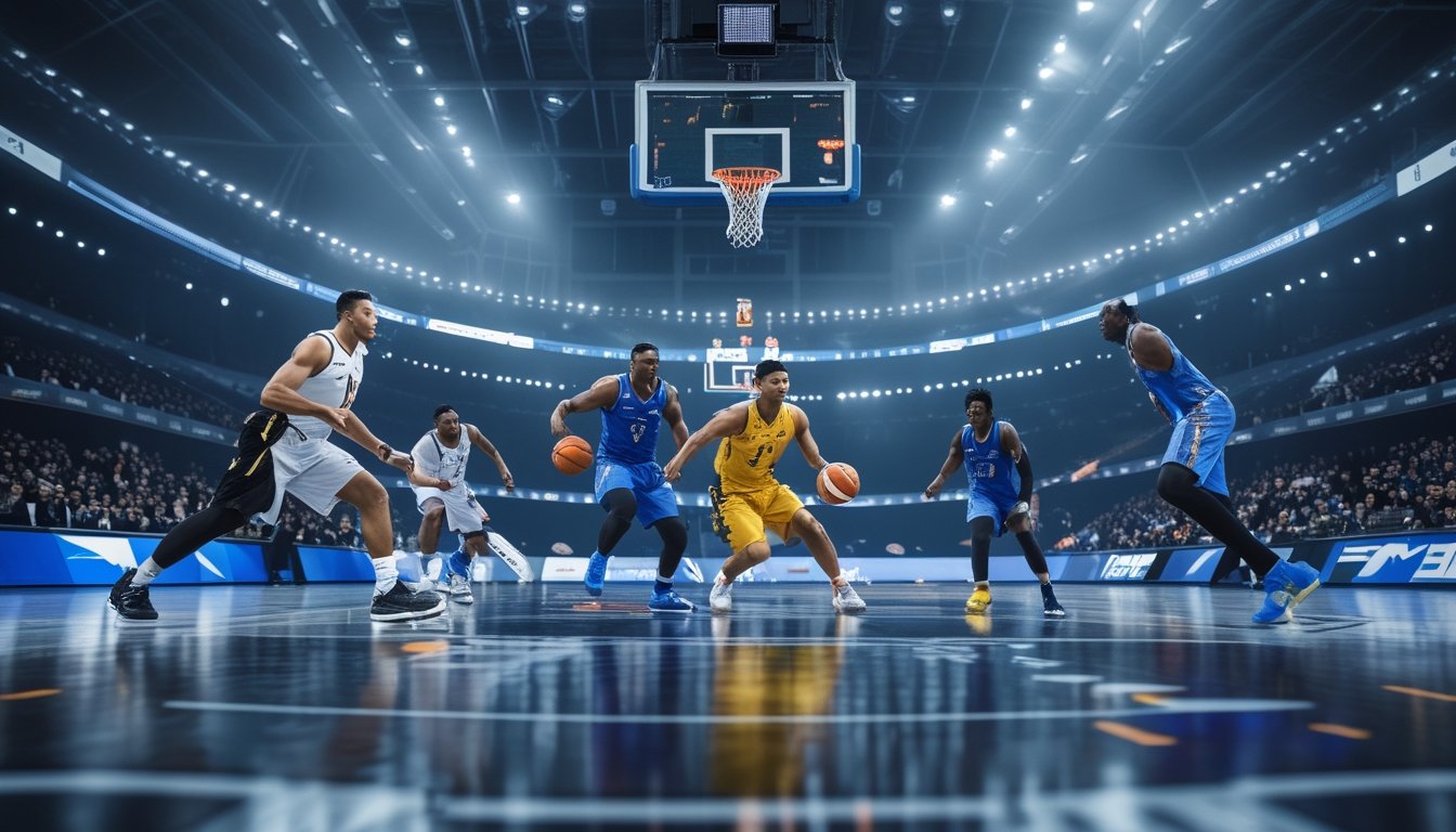 Pemain dari dua tim basket bertanding di lapangan dalam arena yang ramai.