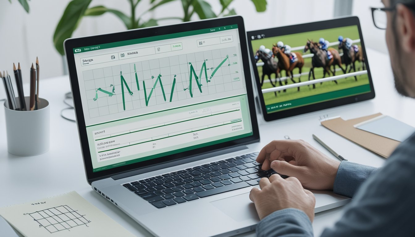 Seorang analis mengamati grafik statistik balap kuda di laptop.