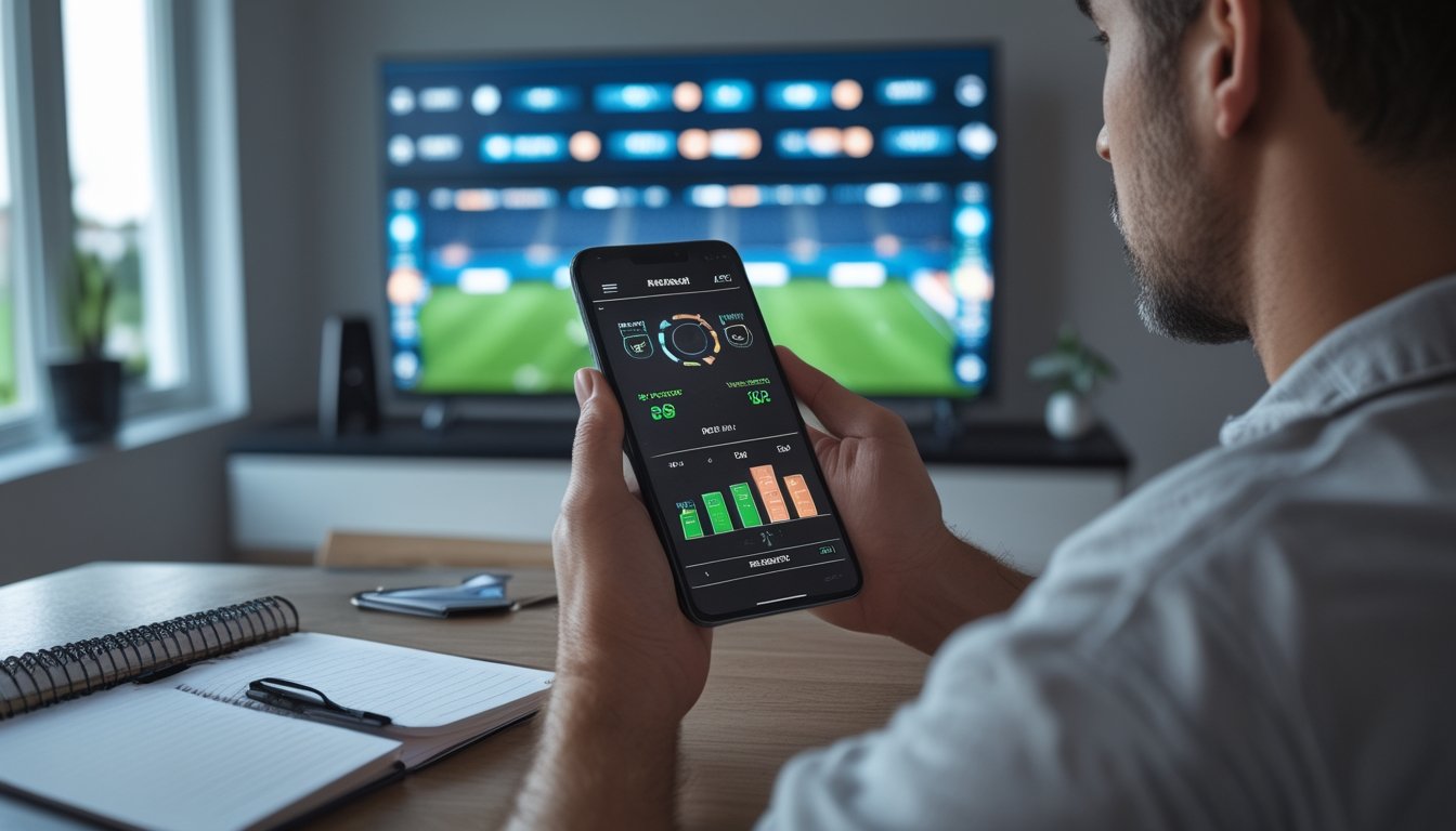 Seorang penggemar sepak bola melihat pertandingan di televisi sambil memeriksa ponsel di meja.