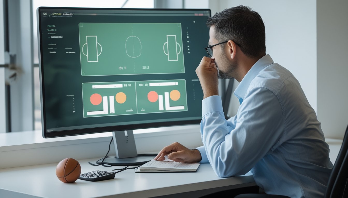 Seorang analis mempelajari statistik pertandingan di depan monitor.