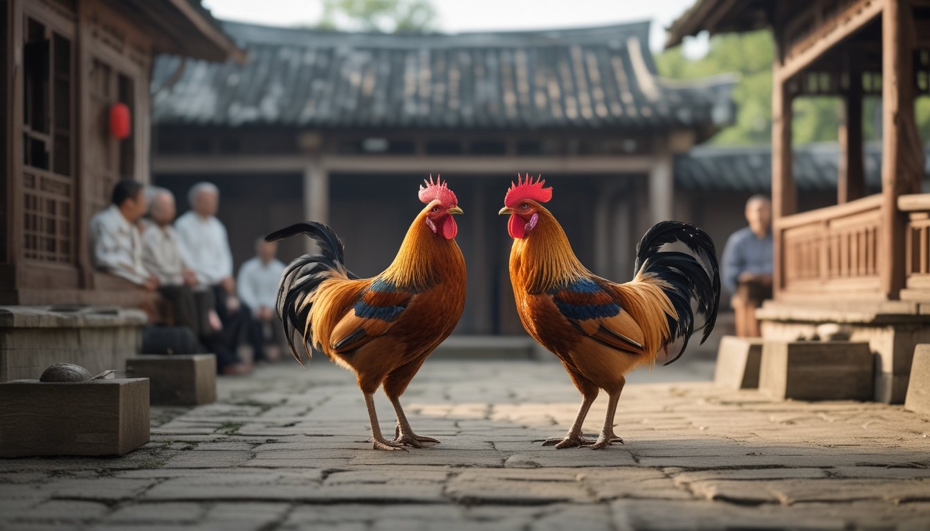 Dua ayam jantan berdiri di halaman desa dengan bangunan tradisional dan beberapa orang di latar belakang.